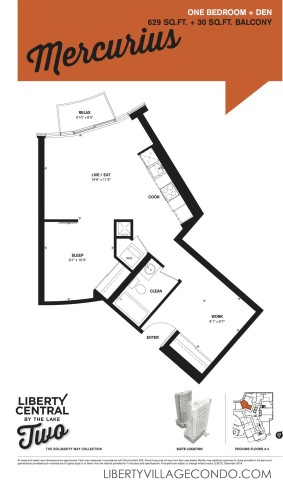 Liberty Central 2 condo floor plan 1 Bedroom+Den_Mercurius